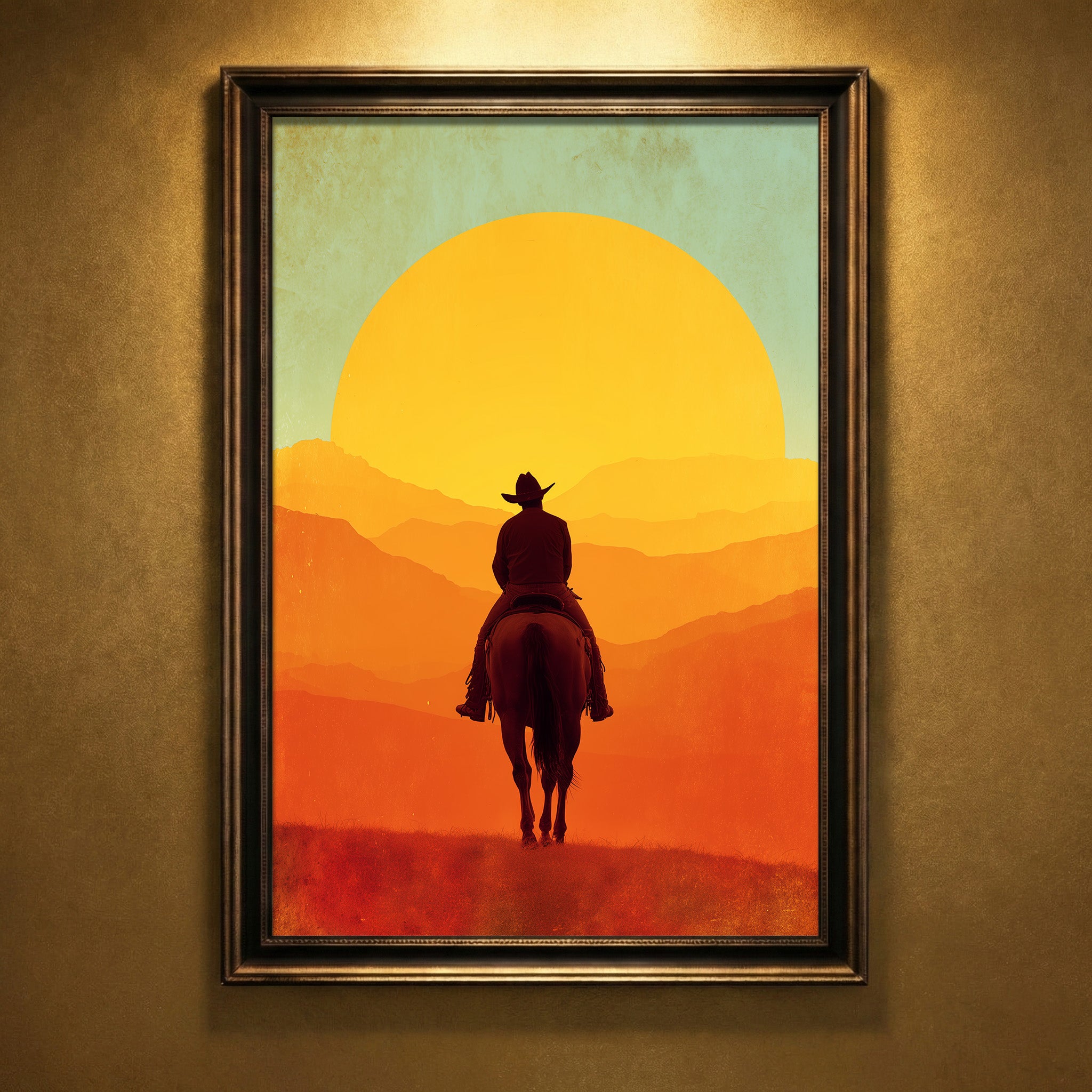 Retro vintage style illustration of a silhouette of a cowboy on horseback riding toward a massive bright orange and yellow setting sun over layered mountain ridges, created by Artazyn.