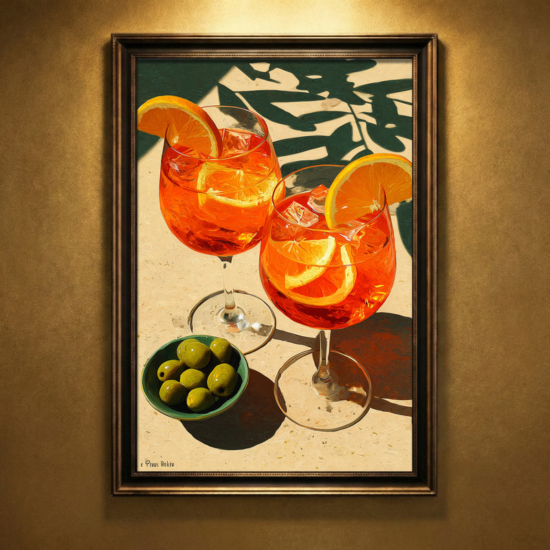 Bright and vibrant art print featuring two Aperol Spritz cocktails with orange slices and a bowl of green olives casting hard sun shadows, created by Artazyn.