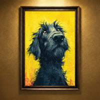 Vibrant pop art style print of a scruffy black dog looking up with soulful eyes against a distressed yellow background with halftone patterns.