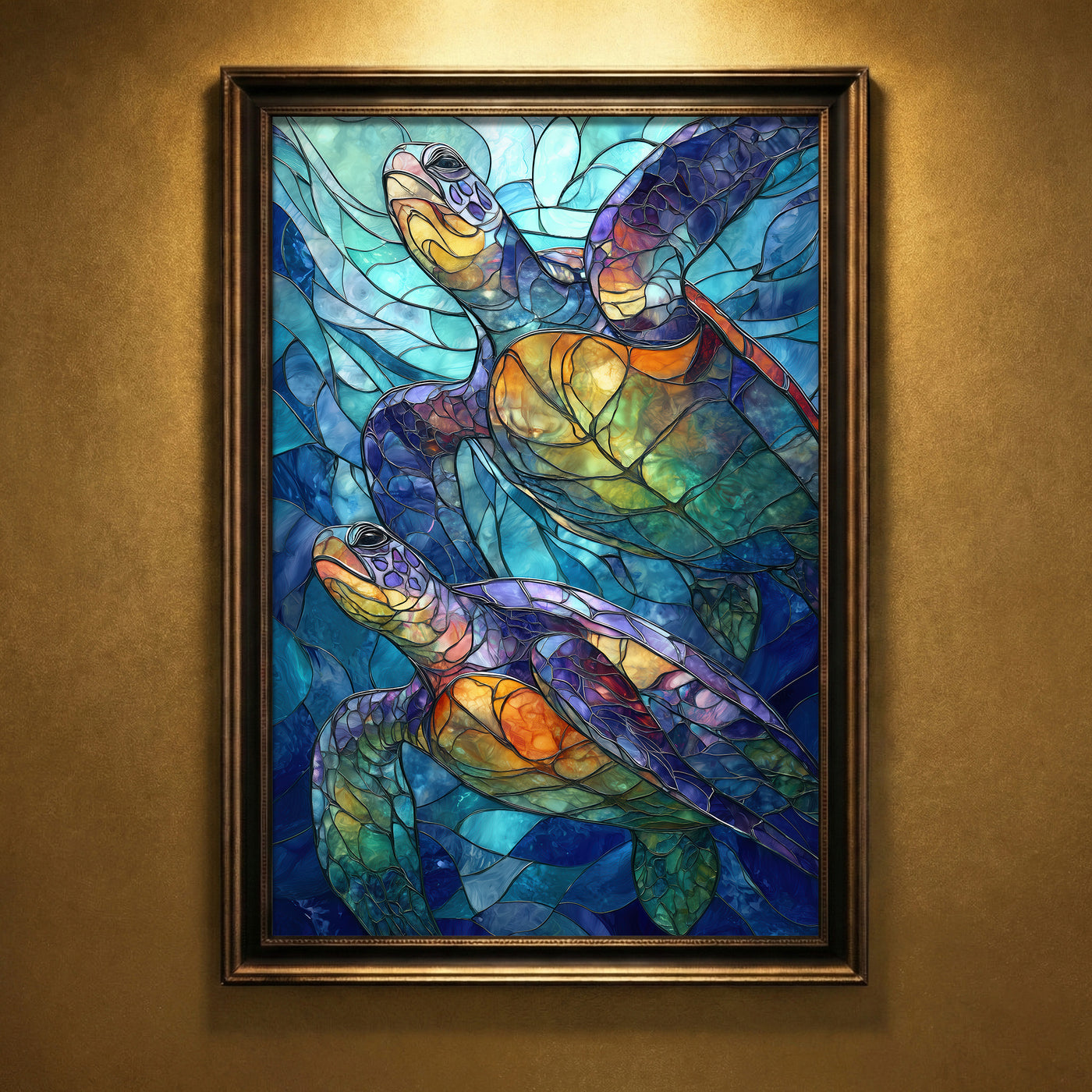 A vibrant stained-glass style art print featuring two sea turtles swimming upwards through mosaic-patterned deep blue water with glowing orange and purple shells, created by Artazyn.