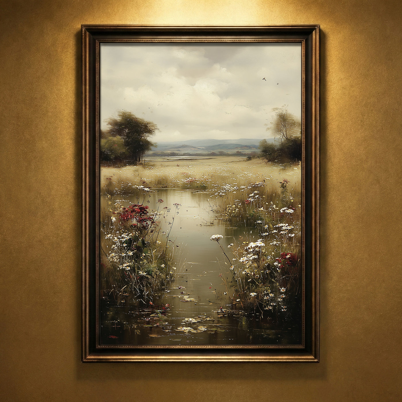 A moody impressionist oil painting of a marshy landscape filled with white daisies and dark red wildflowers under a heavy overcast sky, created by Artazyn.