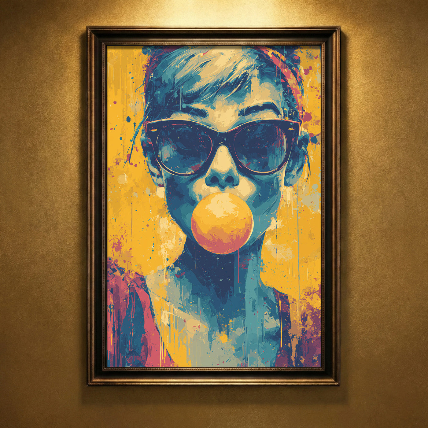 Vibrant pop art portrait of a person blowing a pink bubblegum bubble while wearing sunglasses, yellow and blue paint splatter style.