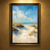 Impressionist style oil painting of a sandy path through beach dunes with sea grass leading to a bright blue ocean under a breezy, partly cloudy sky, created by Artazyn.