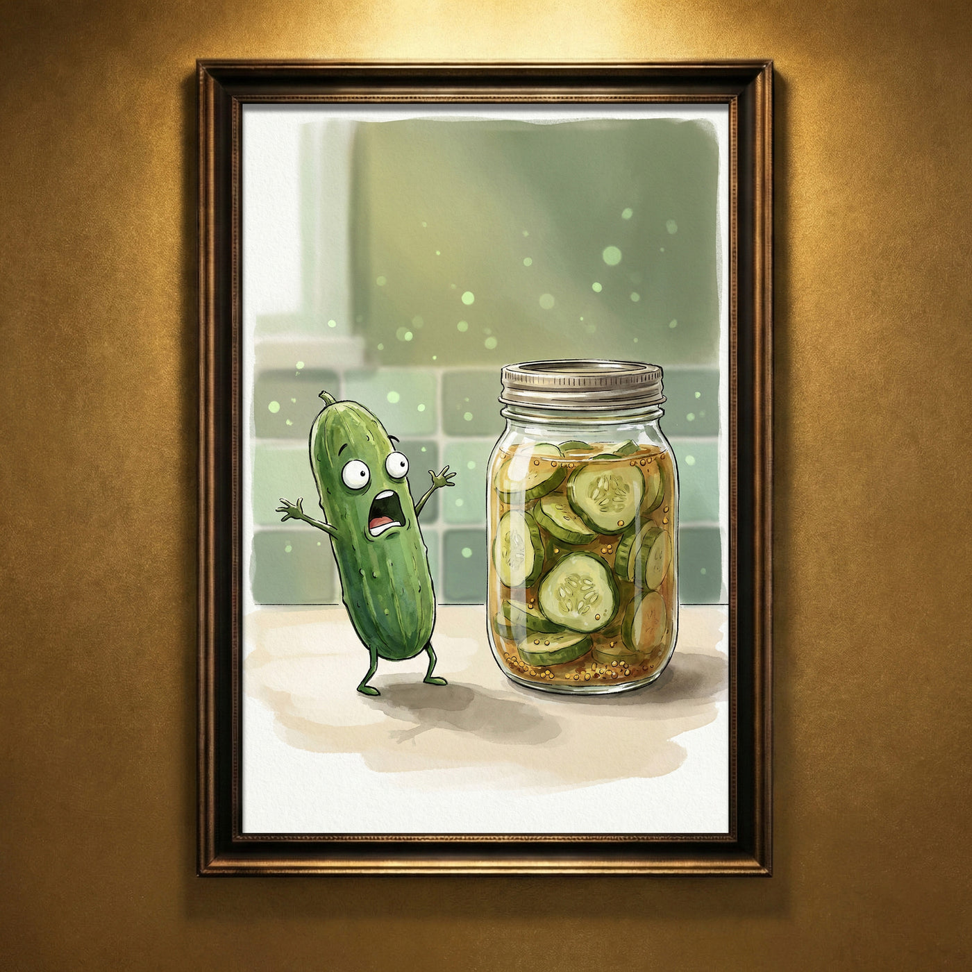 Cartoon illustration of a scared pickle screaming next to a jar of pickled cucumber slices, funny kitchen wall art.
