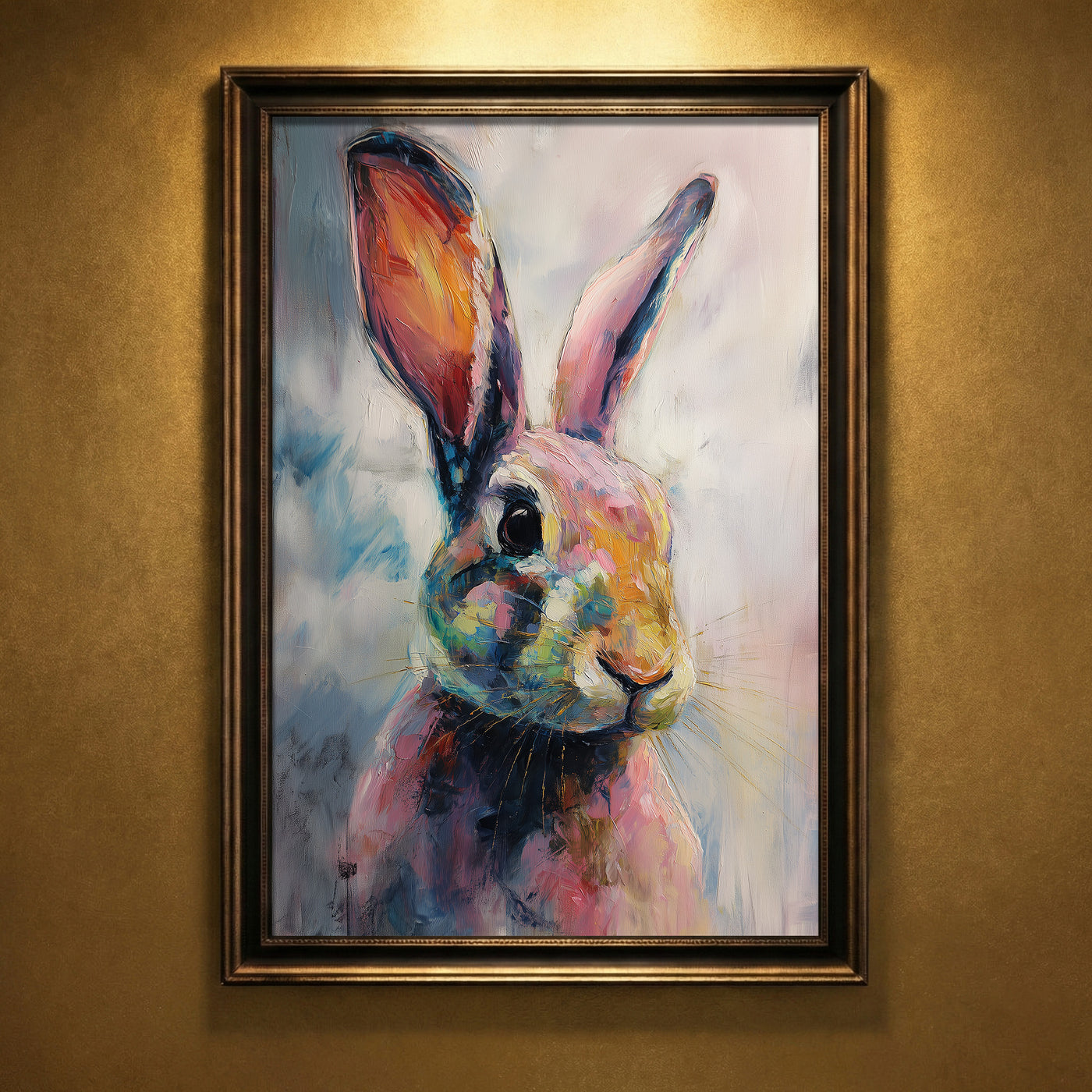 A vibrant, painterly oil painting of a bunny with expressive eyes and colorful fur in shades of pink, teal, and orange against a soft background, created by Artazyn.