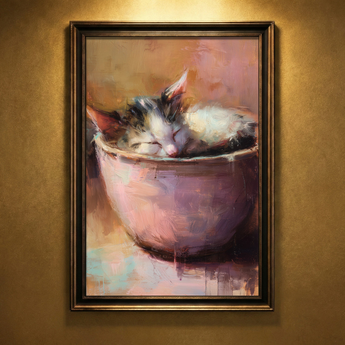 A warm-toned impressionist oil painting of a calico kitten sleeping soundly while curled up inside a pink ceramic bowl, featuring visible painterly brushstrokes and soft lighting, created by Artazyn.