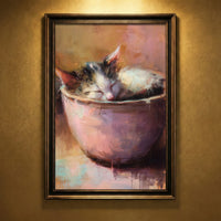A warm-toned impressionist oil painting of a calico kitten sleeping soundly while curled up inside a pink ceramic bowl, featuring visible painterly brushstrokes and soft lighting, created by Artazyn.
