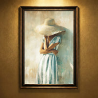 A soft, impressionist oil painting of an elegant woman in a blue and white striped dress wearing a large sun hat that hides her face, created by Artazyn.