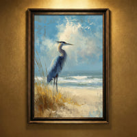 A high-detail palette knife painting of a Great Blue Heron standing on a sandy beach among sea oats under a blue sky with crashing waves, created by Artazyn.