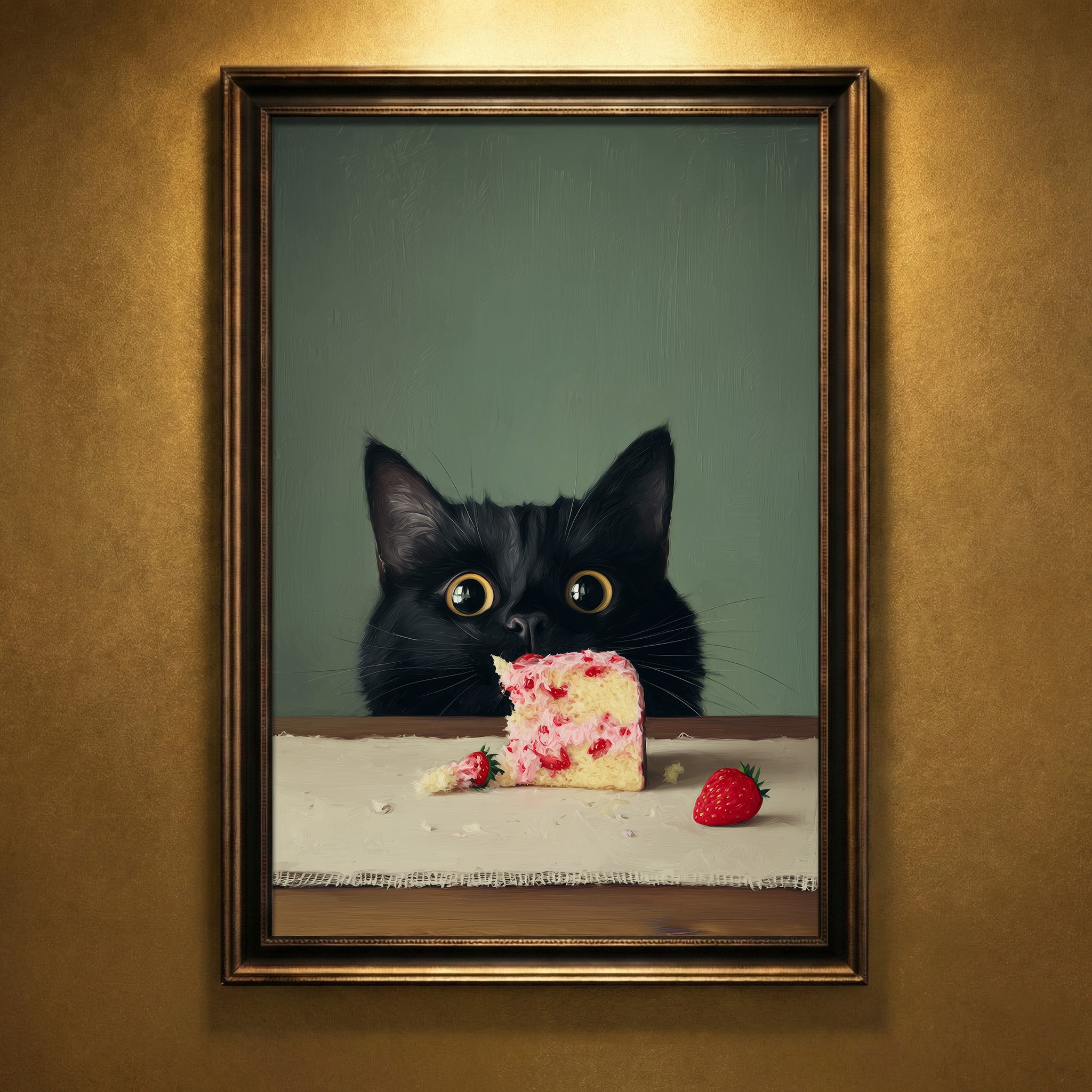Oil painting style illustration of a fluffy black cat with large wide eyes peeking over a wooden table at a partially eaten slice of strawberry layer cake against a muted green background, created by Artazyn.