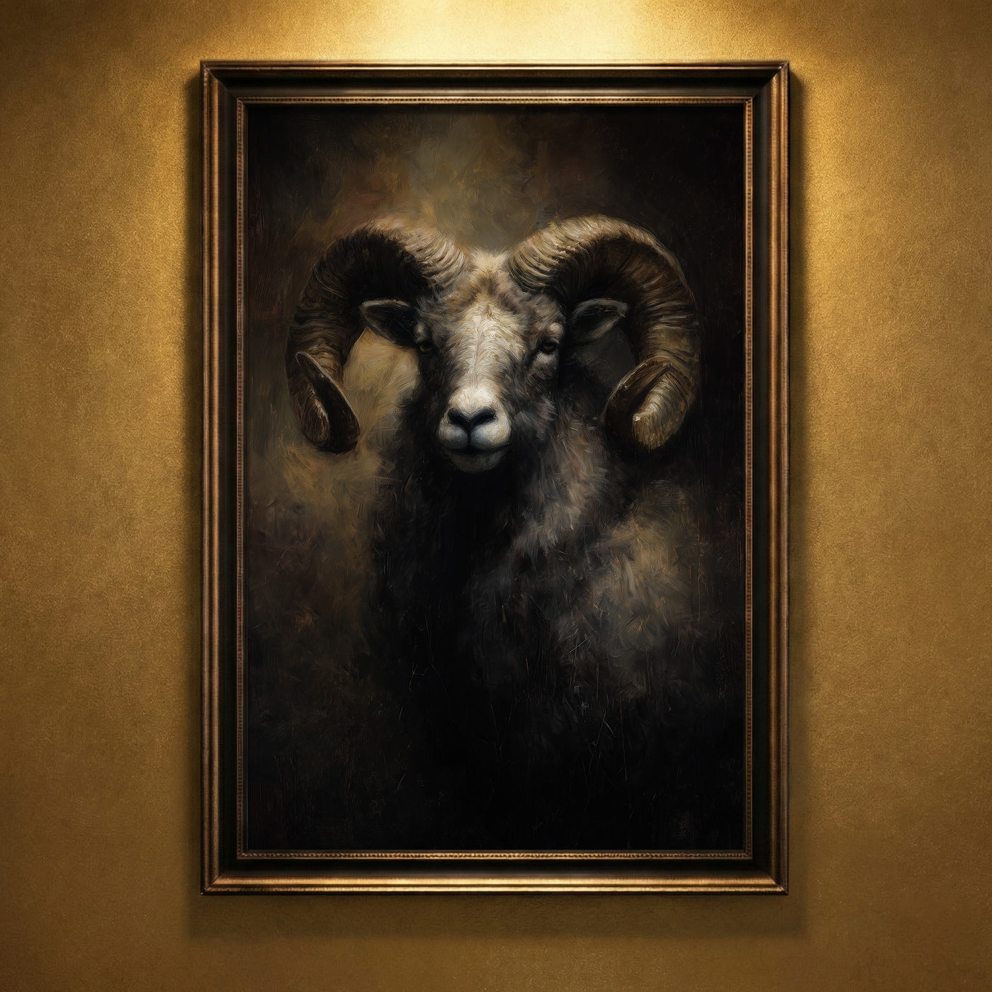 A moody oil painting of a ram with large, powerful curled horns and a calm yet stoic expression against a dark, atmospheric background, created by Artazyn.