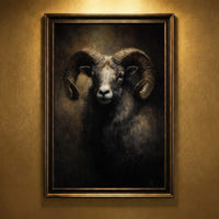 A moody oil painting of a ram with large, powerful curled horns and a calm yet stoic expression against a dark, atmospheric background, created by Artazyn.