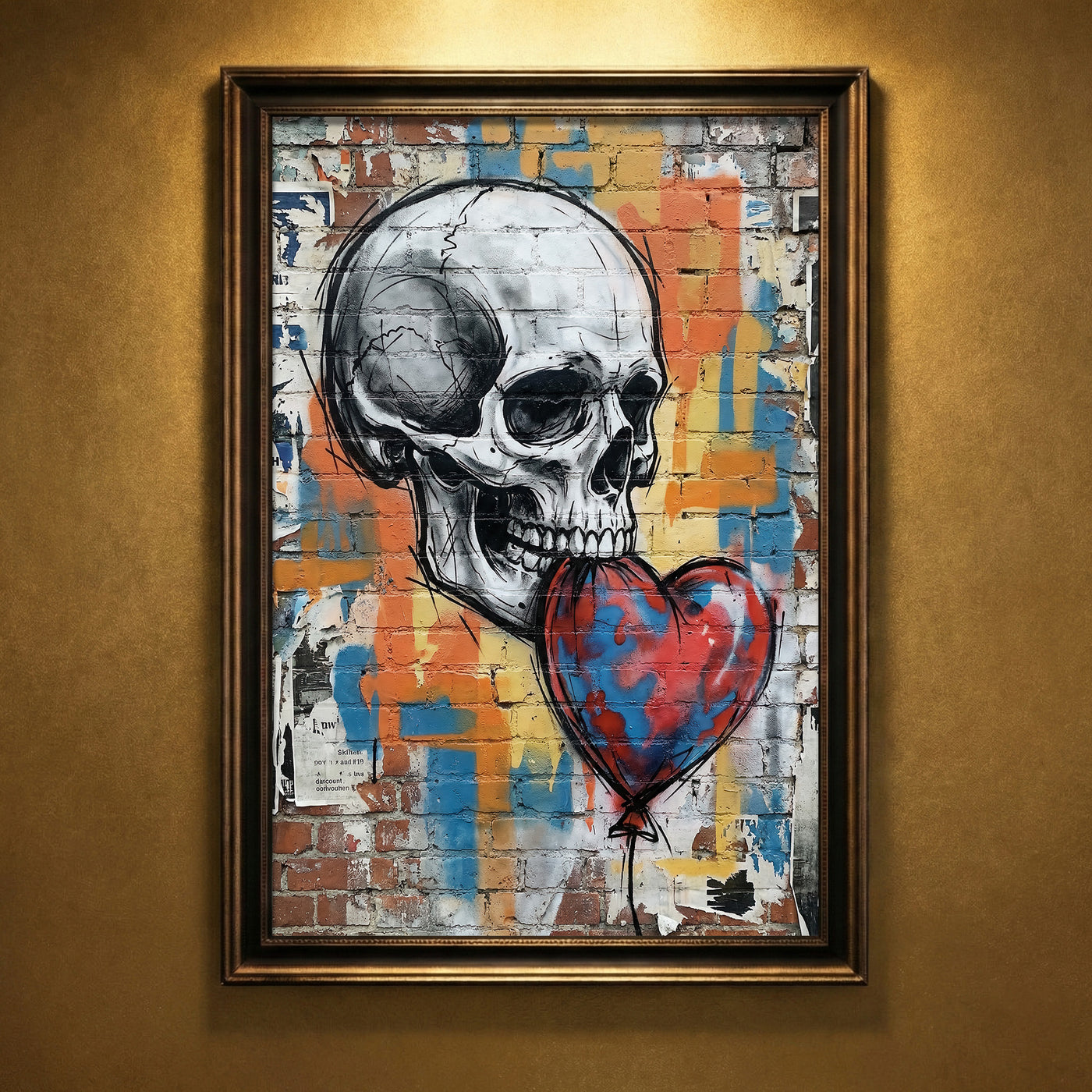 A gritty urban street art print featuring a detailed white skull holding a red and blue heart-shaped balloon in its teeth against a colorful graffiti-covered brick wall, created by Artazyn.