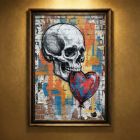 A gritty urban street art print featuring a detailed white skull holding a red and blue heart-shaped balloon in its teeth against a colorful graffiti-covered brick wall, created by Artazyn.