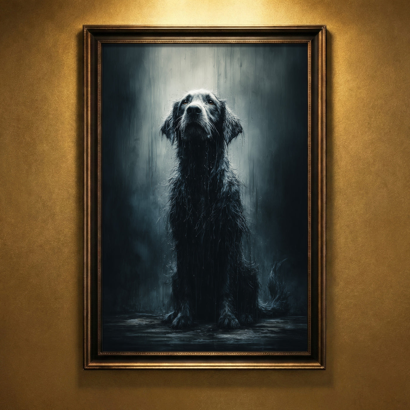 Photorealistic portrait of a soaking wet black dog sitting in the rain looking up, moody animal wall art.