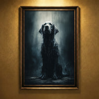 Photorealistic portrait of a soaking wet black dog sitting in the rain looking up, moody animal wall art.