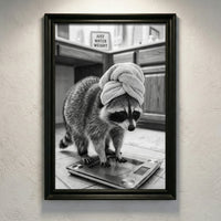 A crisp black and white photograph of a raccoon standing on a glass bathroom scale wearing a towel turban next to a sign that says JUST WATER WEIGHT, created by Artazyn.