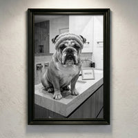 A crisp black and white photograph of a bulldog sitting on a marble bathroom counter wearing a spa headband and face cream next to a sign that says AGELESS, created by Artazyn.