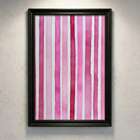 Minimalist art print featuring vertical watercolor stripes in various shades of pink and magenta on a white background, created by Artazyn.