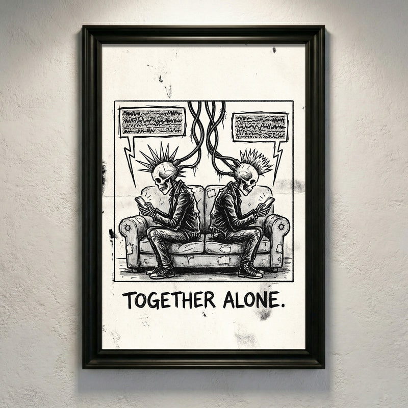 Gritty black and white comic style art print of two punk skeletons with mohawks sitting back-to-back on a couch looking at smartphones with the text "TOGETHER ALONE".