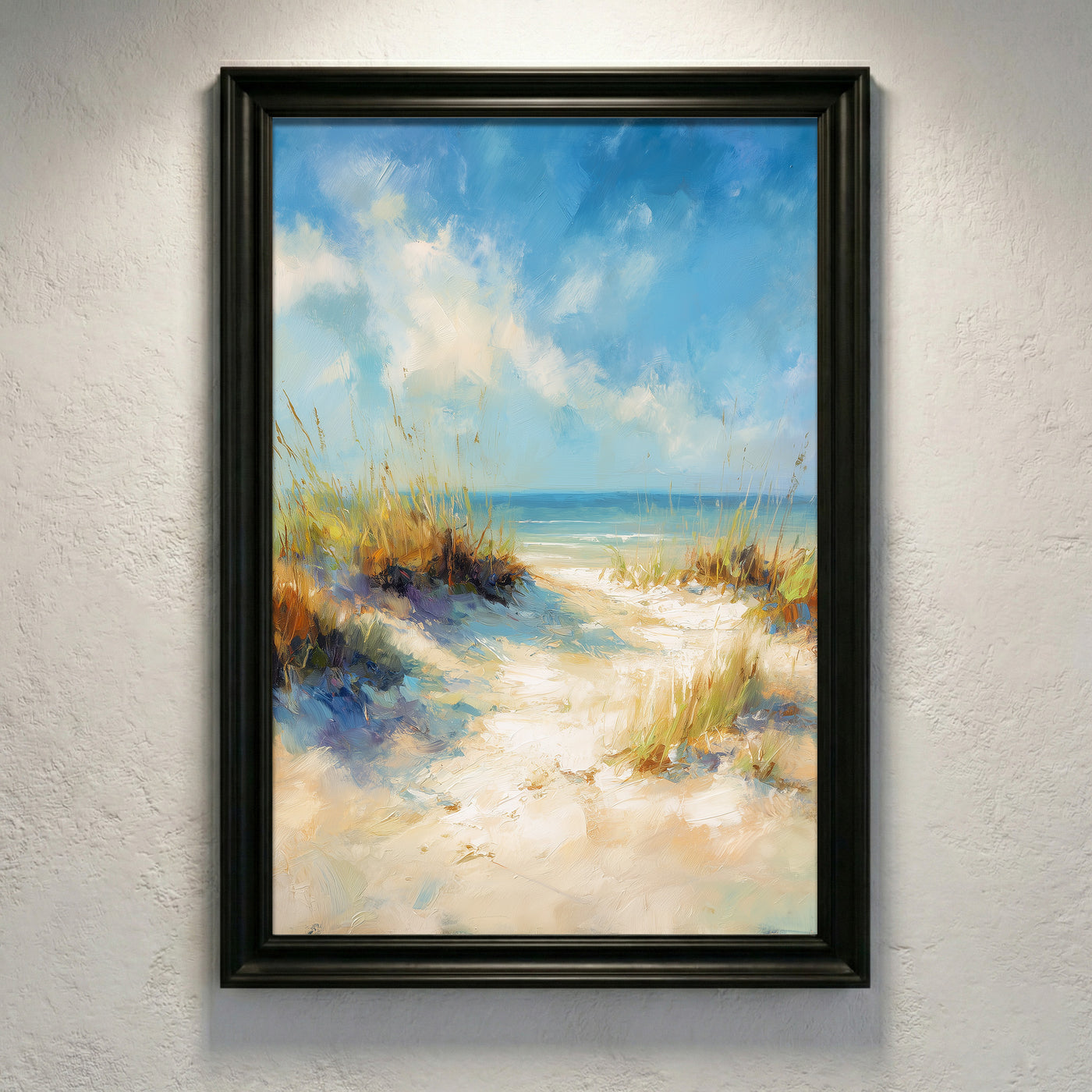 Impressionist style oil painting of a sandy path through beach dunes with sea grass leading to a bright blue ocean under a breezy, partly cloudy sky, created by Artazyn.