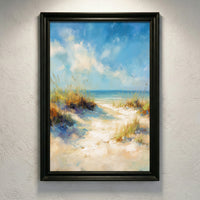 Impressionist style oil painting of a sandy path through beach dunes with sea grass leading to a bright blue ocean under a breezy, partly cloudy sky, created by Artazyn.