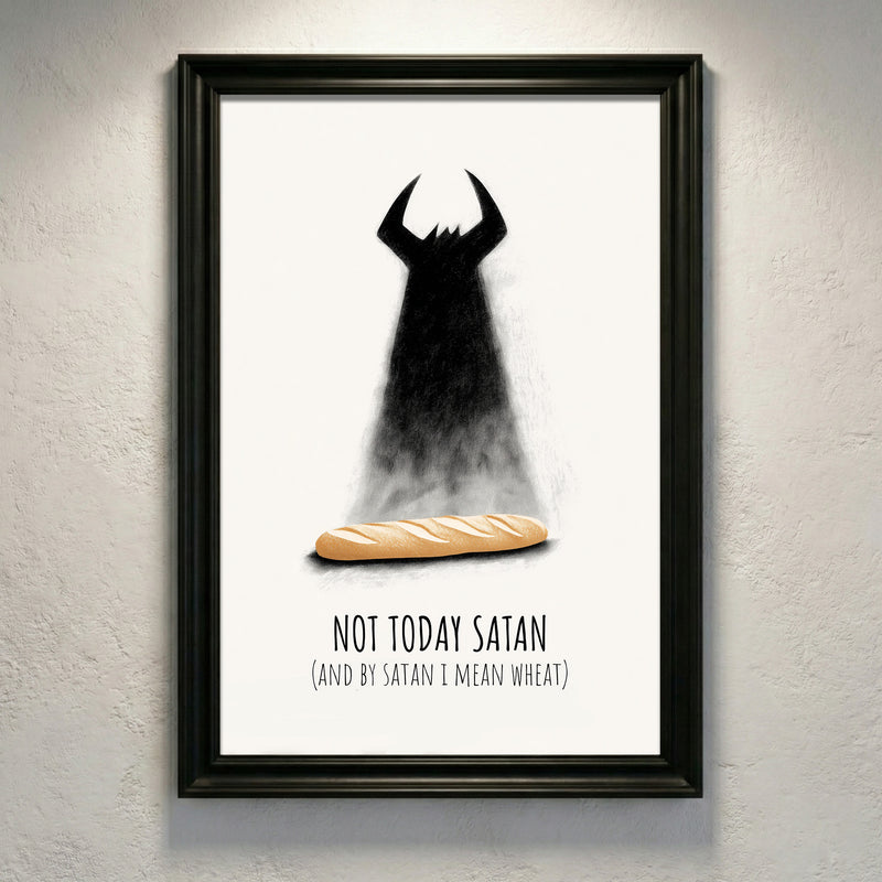 Minimalist humorous art print of a baguette casting a devil-shaped shadow with the text "NOT TODAY SATAN (AND BY SATAN I MEAN WHEAT)", created by Artazyn.
