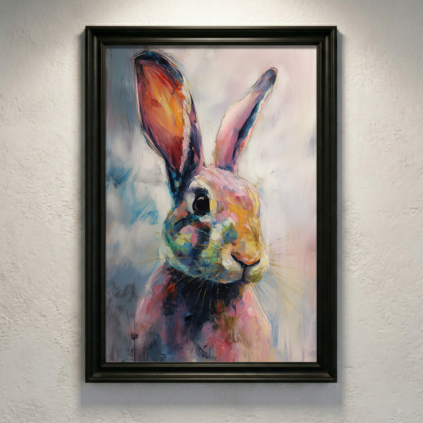 A vibrant, painterly oil painting of a bunny with expressive eyes and colorful fur in shades of pink, teal, and orange against a soft background, created by Artazyn.