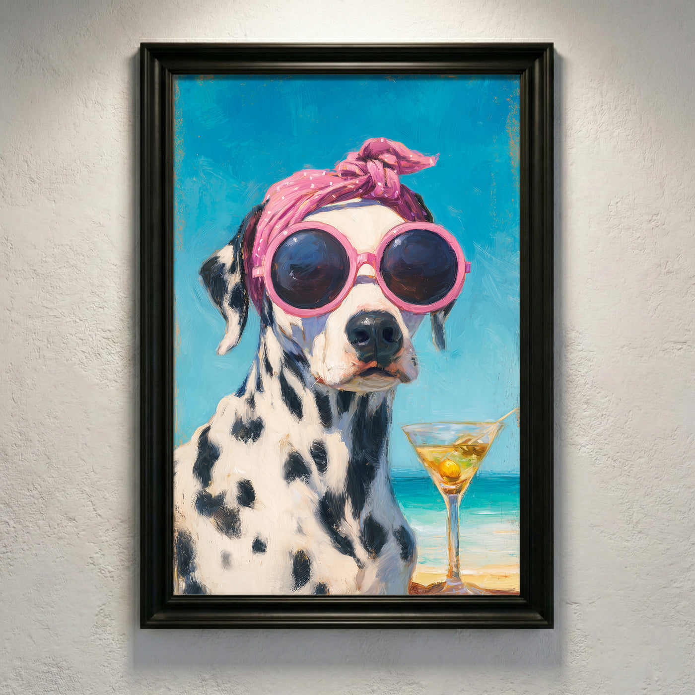An impressionist oil painting of a Dalmatian dog wearing a pink polka-dot headscarf and oversized pink sunglasses sitting on a beach with a dirty martini, created by Artazyn.