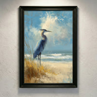 A high-detail palette knife painting of a Great Blue Heron standing on a sandy beach among sea oats under a blue sky with crashing waves, created by Artazyn.