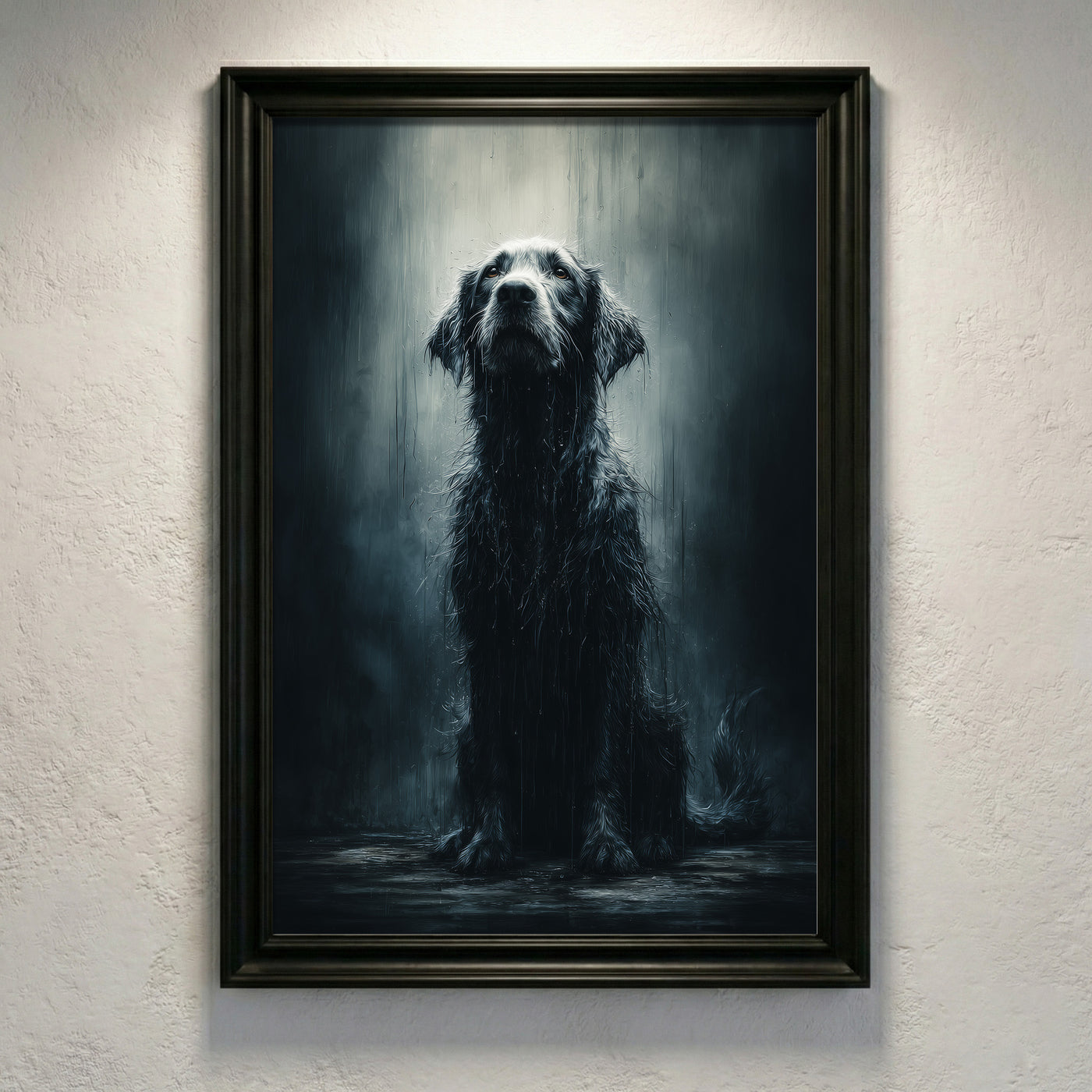 Photorealistic portrait of a soaking wet black dog sitting in the rain looking up, moody animal wall art.