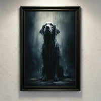 Photorealistic portrait of a soaking wet black dog sitting in the rain looking up, moody animal wall art.