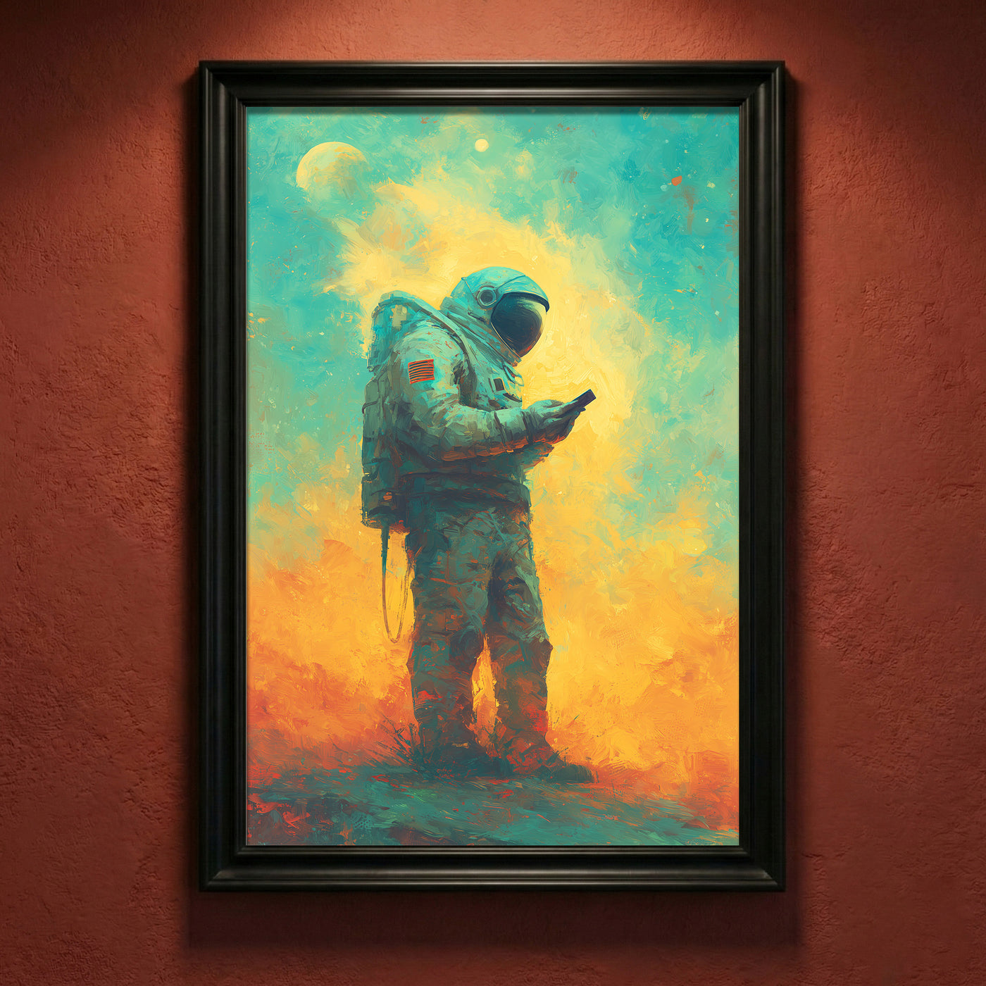 Colorful painterly art print of an astronaut standing on an alien planet looking at a smartphone, rendered in teal, yellow, and orange impasto strokes by Artazyn.