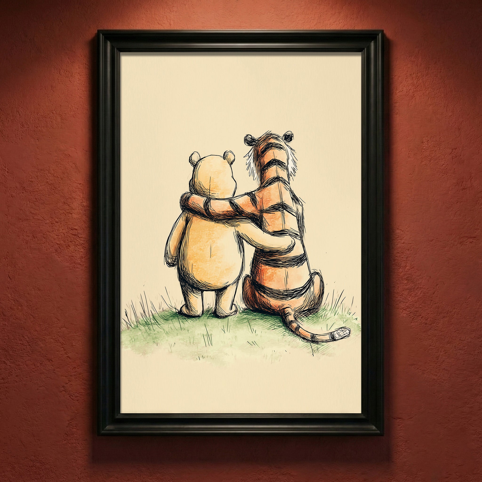Vintage style pencil and watercolor sketch of a classic chubby bear and a striped tiger sitting together from behind with their arms around each other, looking out into the distance, created by Artazyn.
