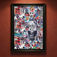 Edgy street art collage print featuring a tattooed Alice in Wonderland character wearing glasses and a t-shirt that says "Crazy Bitch" against a background of torn posters, created by Artazyn.