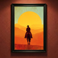 Retro vintage style illustration of a silhouette of a cowboy on horseback riding toward a massive bright orange and yellow setting sun over layered mountain ridges, created by Artazyn.
