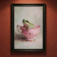 An impressionistic oil painting of a green tree frog sitting inside a vintage pink teacup with gold trim, featuring thick visible brushstrokes and a moody atmospheric background, created by Artazyn.