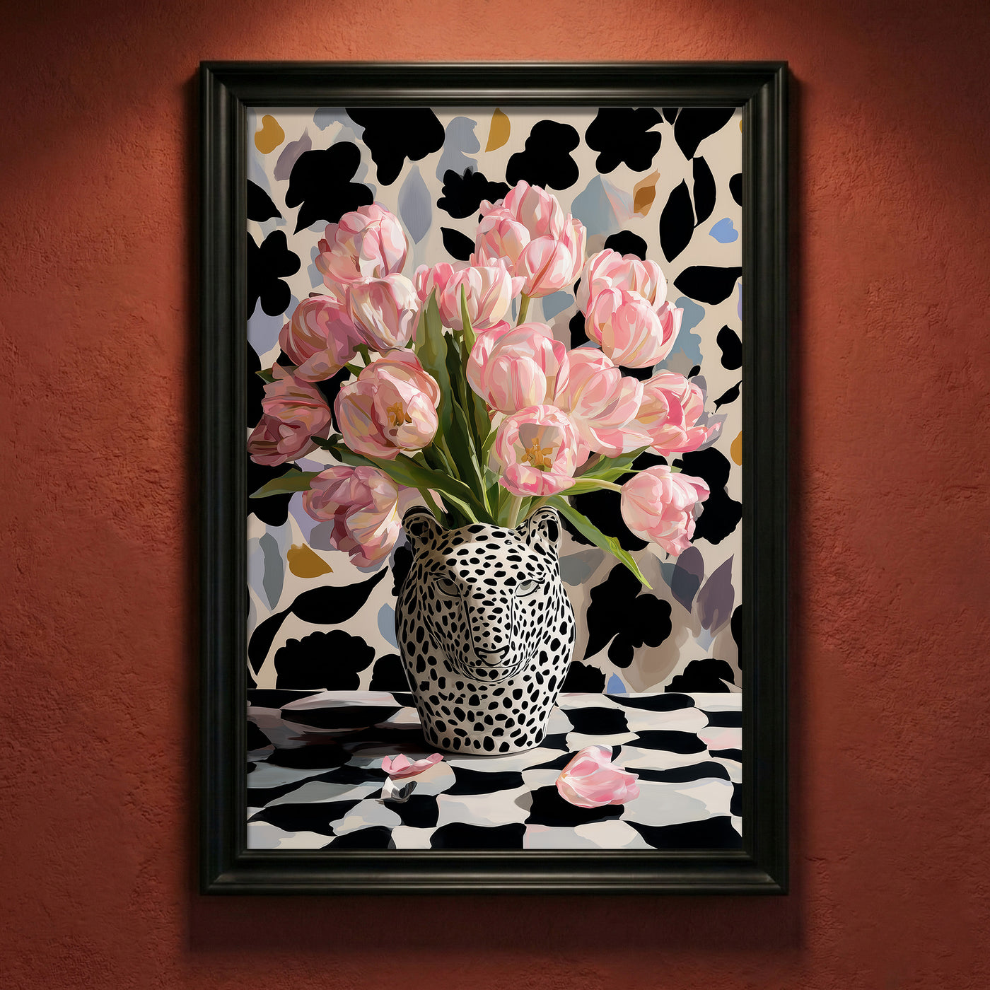 Bold maximalist art print featuring a black and white leopard head vase filled with pink tulips against a patterned background, created by Artazyn.