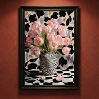 Bold maximalist art print featuring a black and white leopard head vase filled with pink tulips against a patterned background, created by Artazyn.