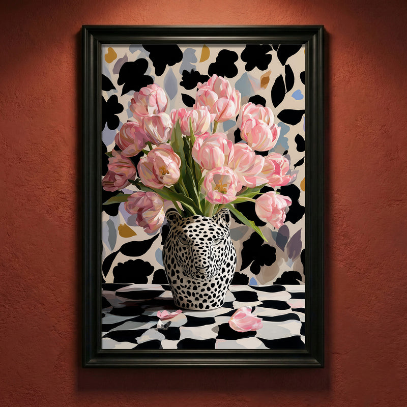Bold maximalist art print featuring a black and white leopard head vase filled with pink tulips against a patterned background, created by Artazyn.