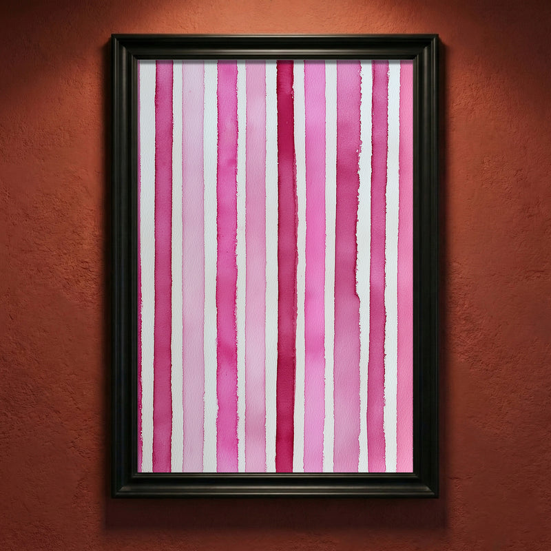 Minimalist art print featuring vertical watercolor stripes in various shades of pink and magenta on a white background, created by Artazyn.