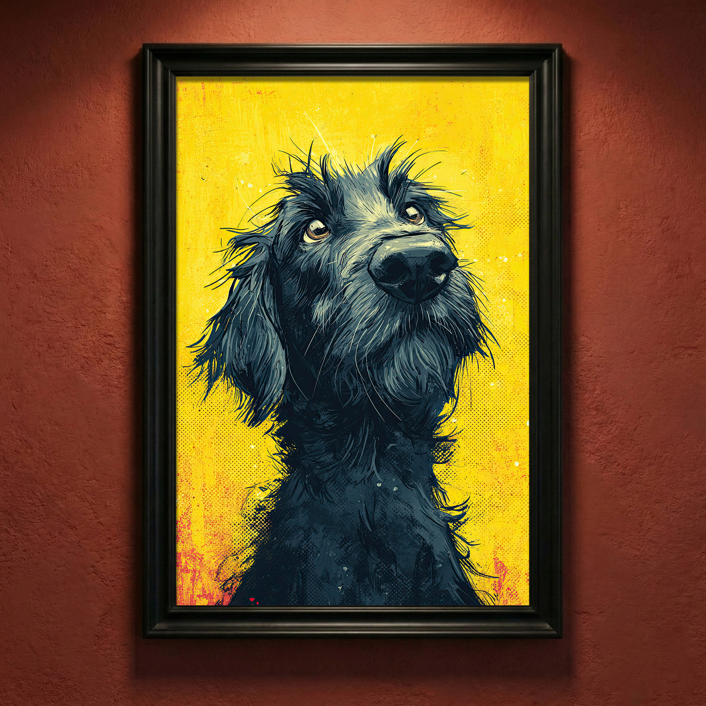 Vibrant pop art style print of a scruffy black dog looking up with soulful eyes against a distressed yellow background with halftone patterns.
