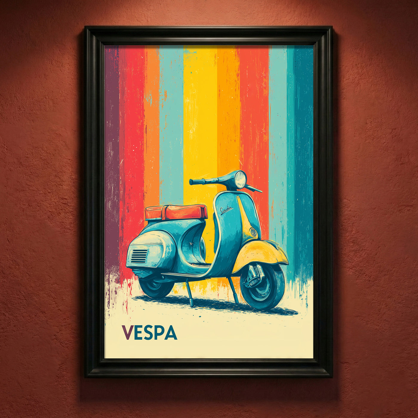 Distressed vintage-style poster illustration of a classic teal and yellow scooter parked in front of colorful retro vertical stripes in red, orange, and blue.