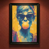 Vibrant pop art portrait of a person blowing a pink bubblegum bubble while wearing sunglasses, yellow and blue paint splatter style.