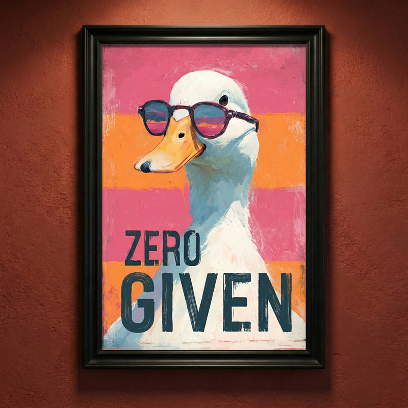 Painting of a white duck wearing sunglasses with the text "ZERO GIVEN" over a pink and orange striped background.