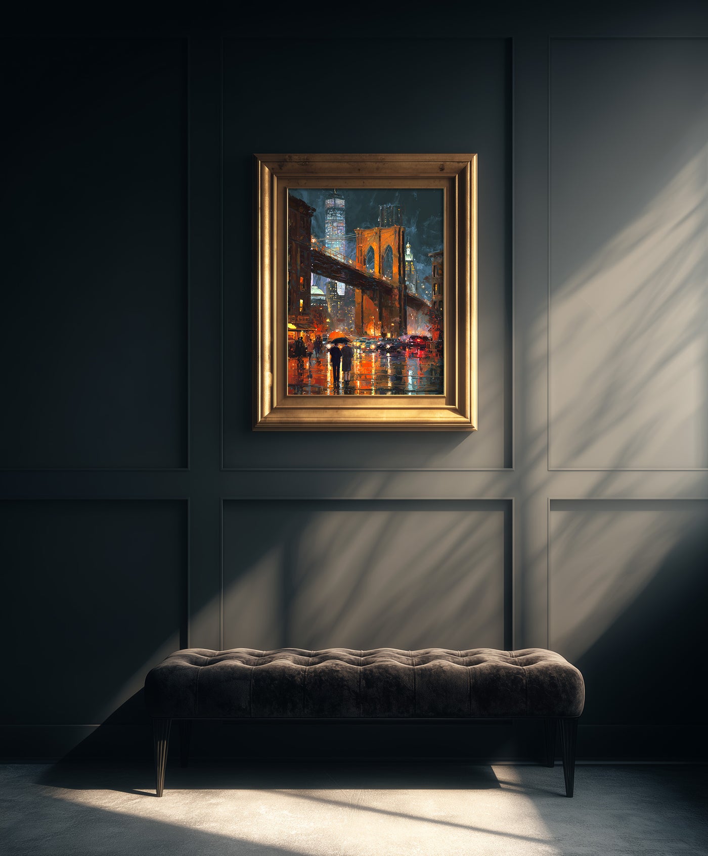 Thick impasto style oil painting of the Brooklyn Bridge illuminated at night during a rainstorm, with glowing orange lights reflecting on the wet street and two figures holding an umbrella, created by Artazyn.