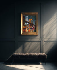 Thick impasto style oil painting of the Brooklyn Bridge illuminated at night during a rainstorm, with glowing orange lights reflecting on the wet street and two figures holding an umbrella, created by Artazyn.