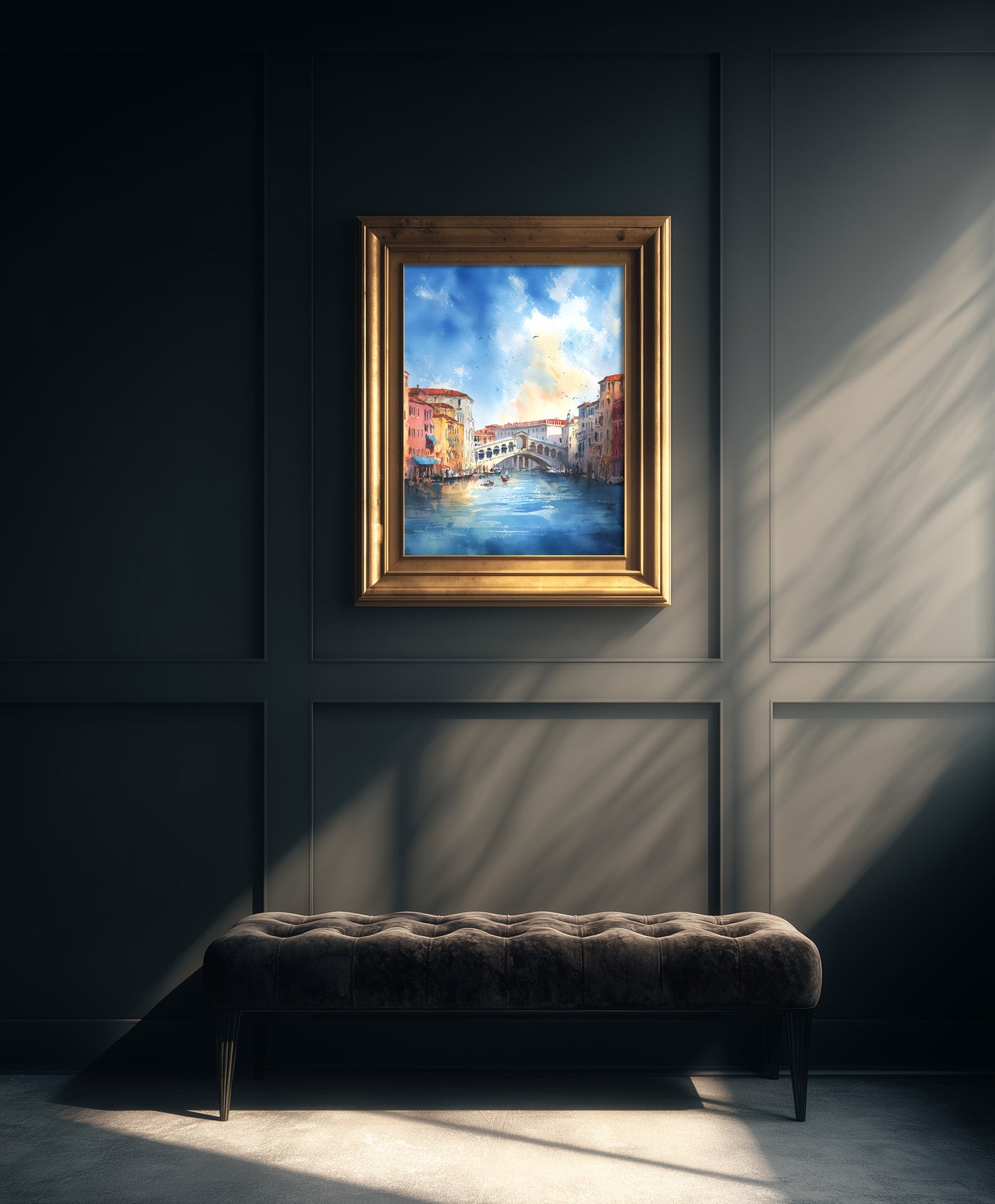 A soft impressionist watercolor painting of the Grand Canal in Venice featuring the Rialto Bridge, gondolas on the water, and a vibrant blue sky with soft clouds, created by Artazyn.