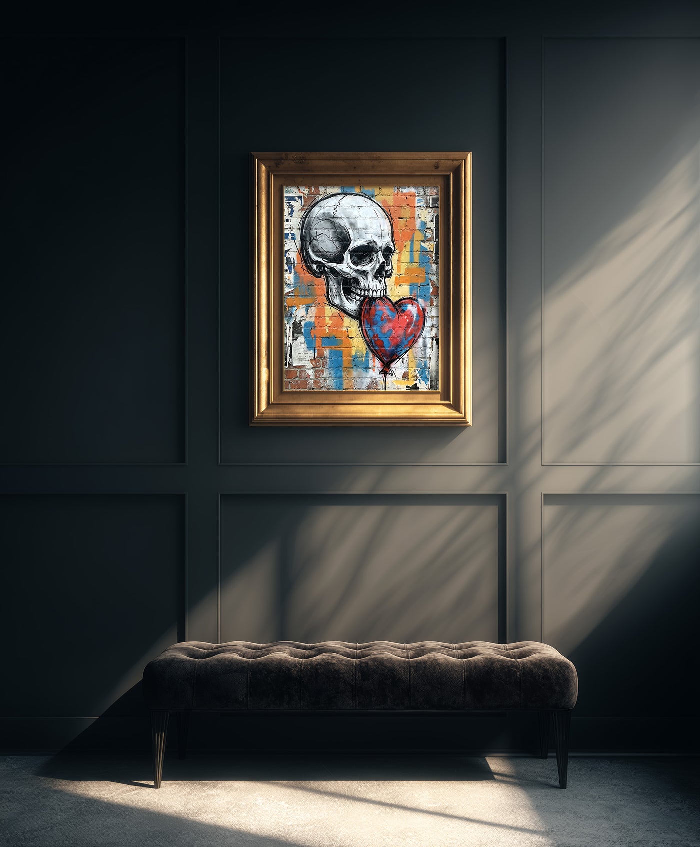 A gritty urban street art print featuring a detailed white skull holding a red and blue heart-shaped balloon in its teeth against a colorful graffiti-covered brick wall, created by Artazyn.
