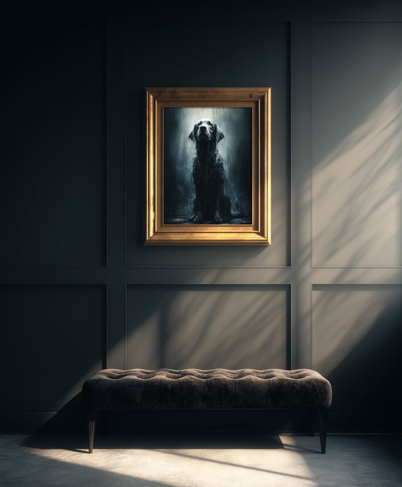 Photorealistic portrait of a soaking wet black dog sitting in the rain looking up, moody animal wall art.